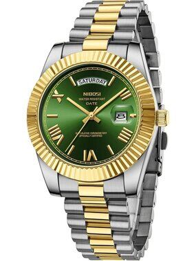 Nibosi Men's Silver Gold Analog Quartz Green Face Waterproof Desiger Wrist Watch